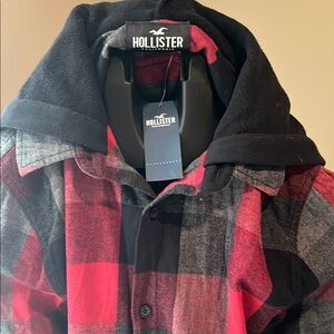 Hollister Hooded Red and Black Casual Button Down Flannel.